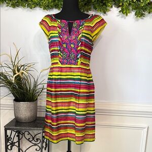 NWOT Nanette Lepore Silk Linen Wood Beaded Bright Striped Dress 6